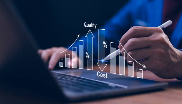 Analytical data software tracking digital marketing strategy expenditures alongside conversion rate optimization values.